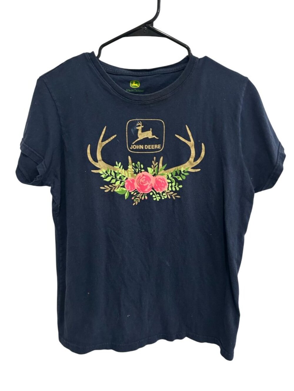 John Deere Large Navy T-Shirt Floral Antler Graphic Cotton Cottagecore Pastoral - Picture 1 of 10